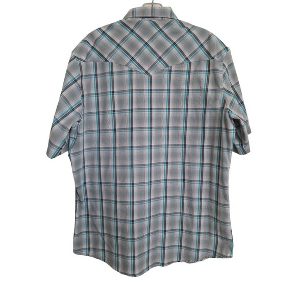 Men's Wrangler Western Fashion Pearl Snap Shirt Turquoise Plaid Short Sleeve - Picture 3 of 10